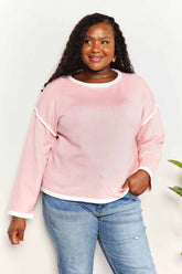 Contrast Detail Dropped Shoulder Knit Top - Elegant Boat Neck Pullover